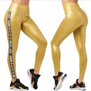 ZUMBA METALLIC HIGH WAISTED ANKLE LEGGINGS Yellow Gold Sparkle Small